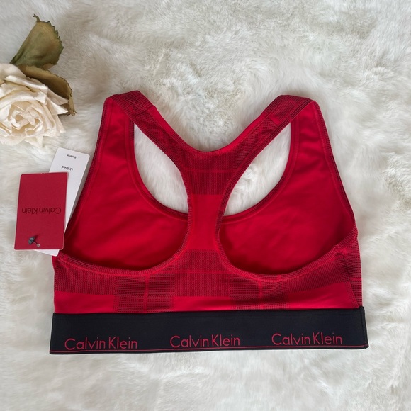 New with tags CALVIN KLEIN Unlined BRALETTE t-back Red w/black design & band Med - Picture 2 of 4